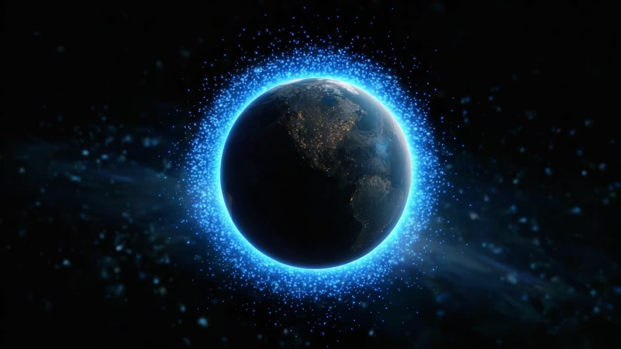 A Stunning Visual of Earth Surrounded by a Shimmering Blue Glow and Floating Particles in the Space, Highlighting the Planet's Beauty and Cosmic Environment