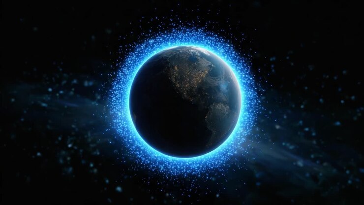 A Stunning Visual of Earth Surrounded by a Shimmering Blue Glow and Floating Particles in the Space, Highlighting the Planet's Beauty and Cosmic Environment