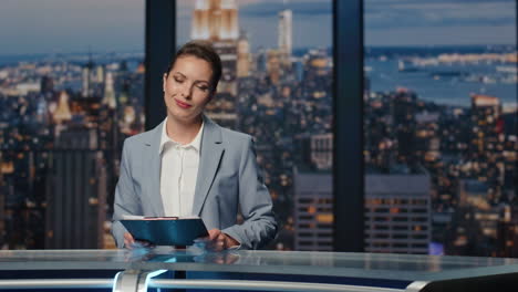 mujer feliz final de las noticias de la noche en primer plano en el estudio de televisión. la presentadora sale del escenario
