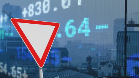 animation of financial data processing over triangle road sign and city