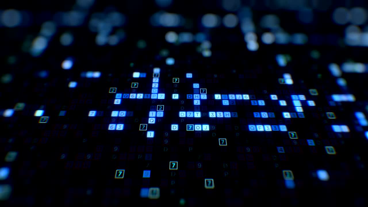 hermoso código digital hexadecimal grandes datos color azul moviéndose en la pantalla sin problemas. cambiando símbolos brillantes animación en bucle 3d. concepto futurista de tecnología de información de negocios.
