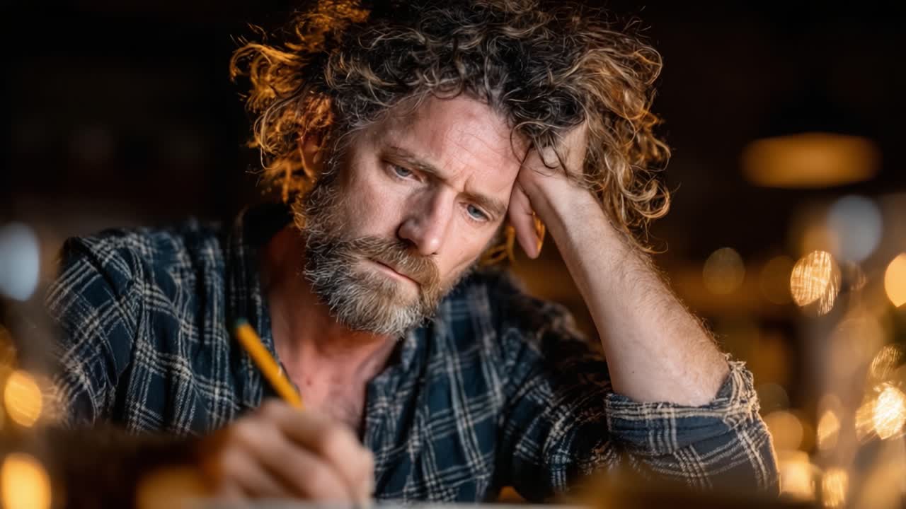 Un individuo contemplativo è immerso nei pensieri mentre scrive, circondato da un'atmosfera calda creata da un'illuminazione soffusa, che evoca creatività e introspezione.