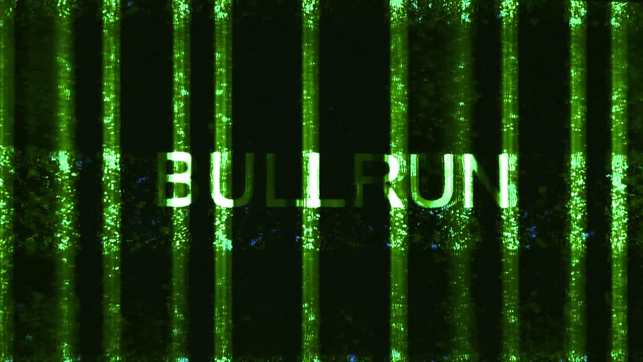 BULLRUN title zoom in, green matrix cyber glitch effect