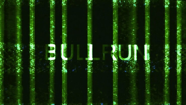 BULLRUN titel zoom ind, grøn matrix cyber glitch-effekt