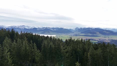 Establecer-Una-Vista-De-La-Ciudad-Suiza-De-Einsiedeln-Y-El-Lago-Sihlsee,-Montañas-Nevadas