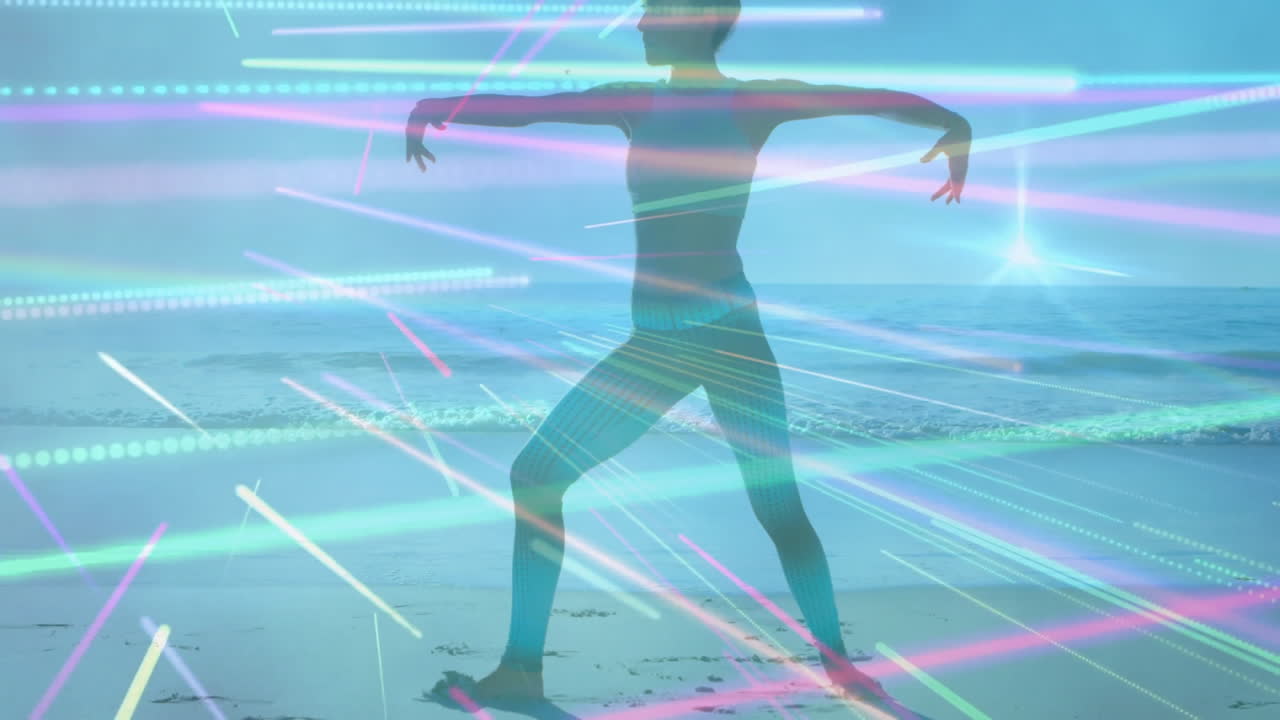 Person posing on beach with colorful light streaks animation overlay