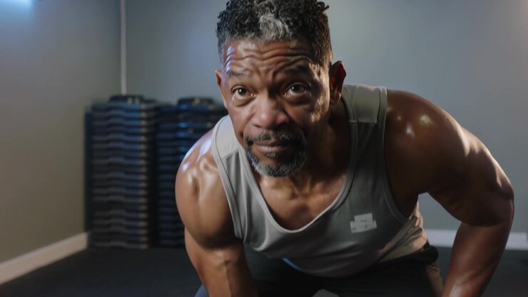 Hinging muscular man wearing gray tanktop and shorts swinging kettlebell at gym corner for training
