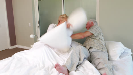 senior couple having a pillow fight