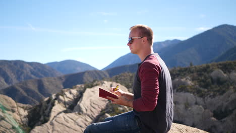 a man on a hike alone thinks about his life and future as he writes in his private journal and documents his travels across california