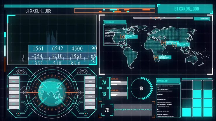 Animation of data processing over screens on black background