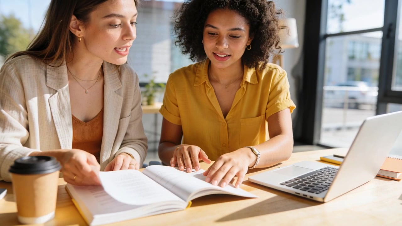 Pointing tutor beige blazer guiding student yellow top at study table, matching textbook to laptop