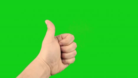 male hand thumbs up video, gesture like on the green background, green screen, chroma key