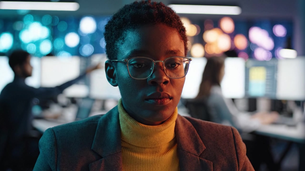 Focused Professional in Modern Office Environment: A Deep Dive into Concentration and Diligence in a Tech-Driven Workplace Setting With Ambient Lighting
