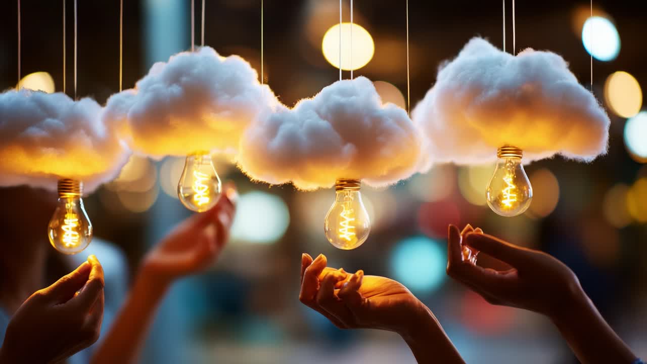 A whimsical display of hanging clouds and glowing light bulbs captures a magical ambiance, blending creativity and warmth in a visually striking arrangement that invites wonder