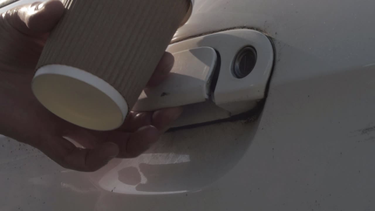 Woman holding coffee takeaway opens car door
