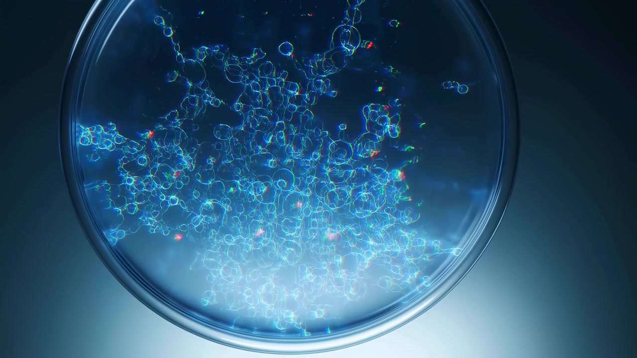scientific research in biotechnology, close-up of bubbling liquid in petri dish, laboratory environment, blue and white clean background, natural light, vivid and dynamic action and subject.