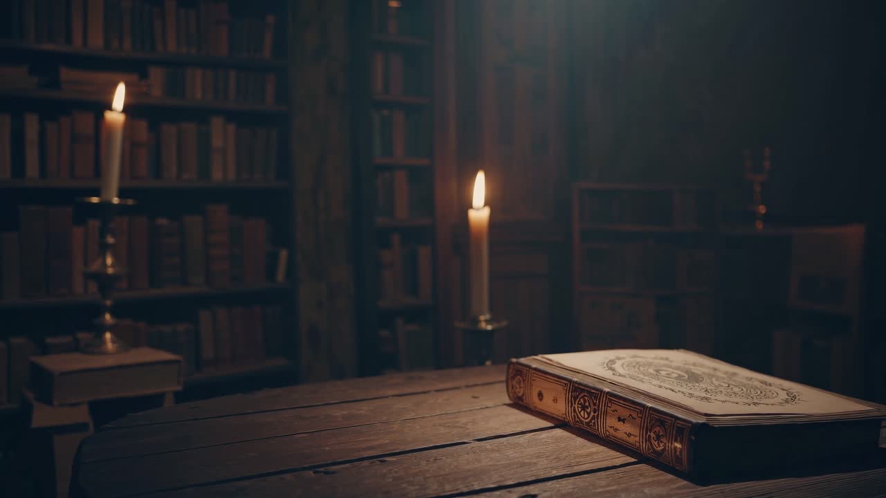 Un libro vintage su un tavolo di legno in una biblioteca scarsamente illuminata, fotografato da una angolazione bassa