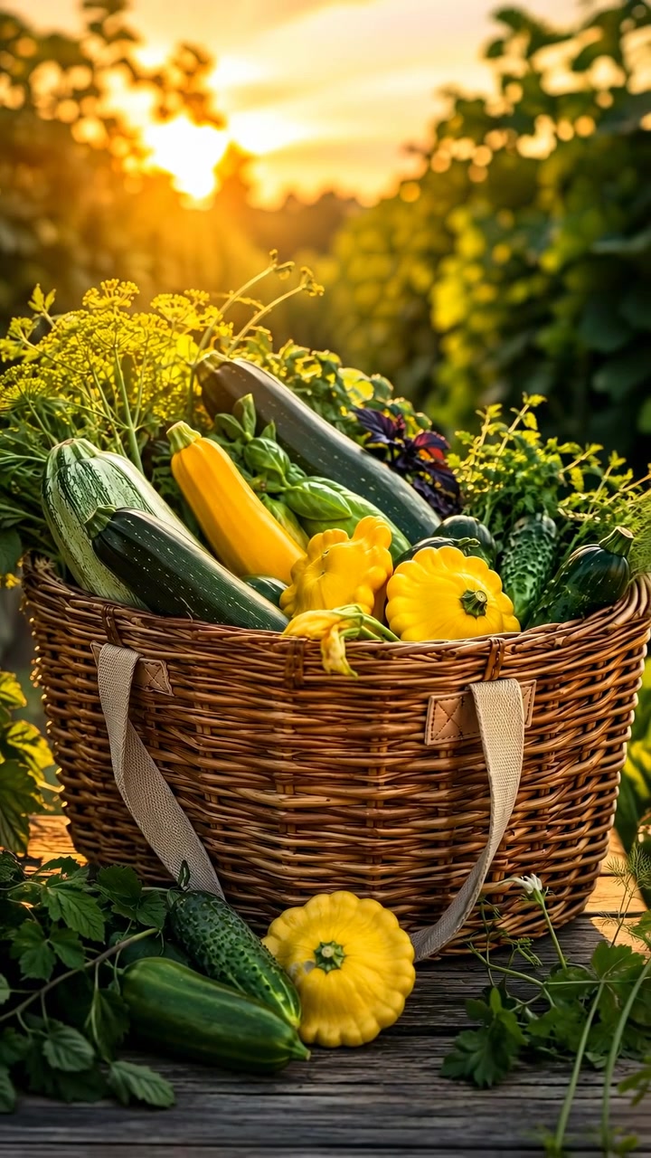 Fresh garden produce fills a woven basket among green plants, while zucchini and yellow squash rest nearby and low evening sunlight creates a warm backlit glow.