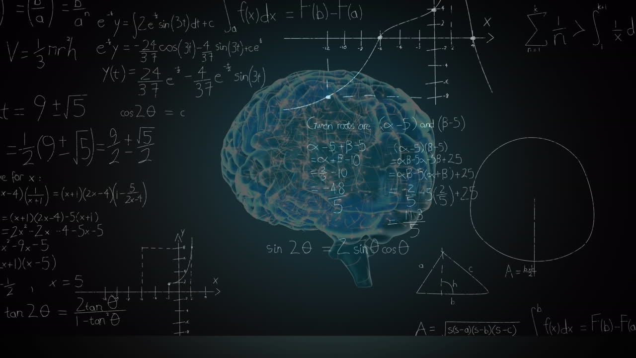 Animation of human brain spinning over mathematical equations on black board