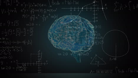 animación del cerebro humano girando sobre ecuaciones matemáticas en la pizarra negra