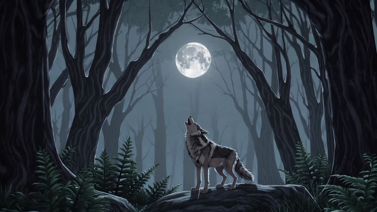 Wolf Howling at the Full Moon in a Dark Forest
