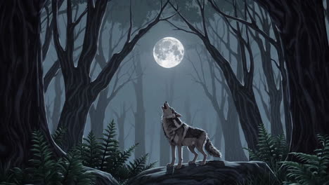 wolf howling at the full moon in a dark forest