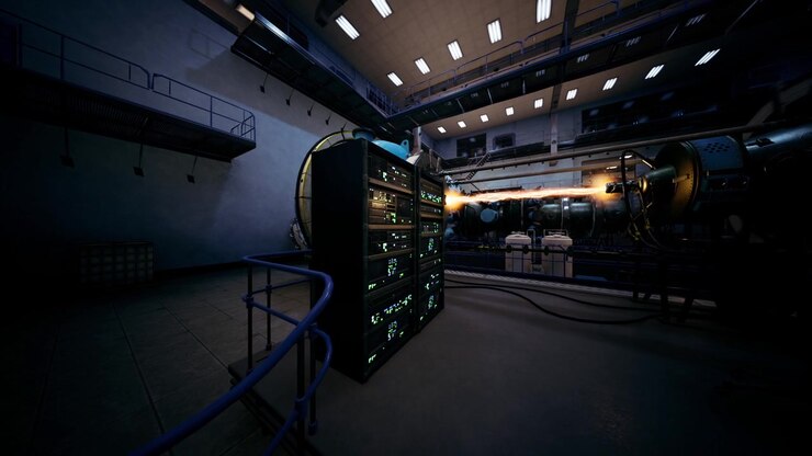 Evening industrial area featuring control units and ambient illumination