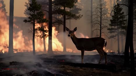 a resilient deer stands amidst devastating wildfires, capturing the struggle for survival in a charred forest landscape