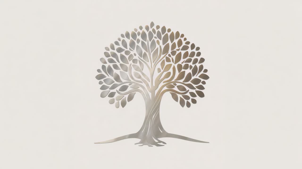 Playing stylized tree emblem growing and deepening bronze gradient on beige backdrop, for branding