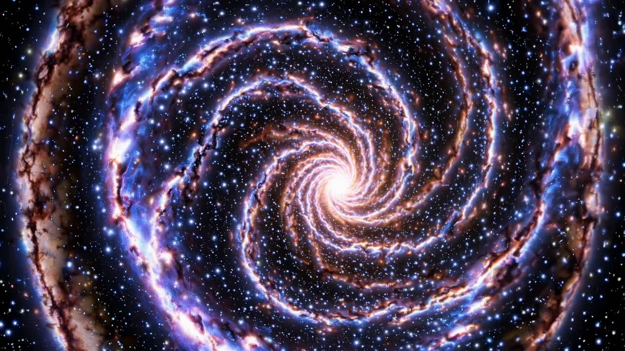 A mesmerizing spiral galaxy viewed from a top-down angle, showcasing vibrant cosmic colors