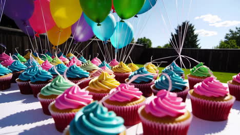 colorful cupcakes and balloons in a backyard party