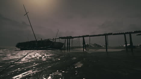 abandoned fishing pier in a misty sea