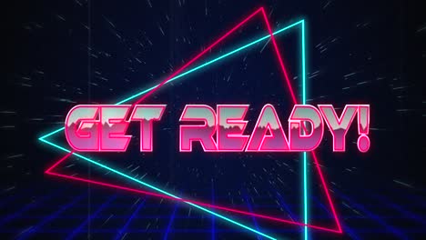 retro get ready text glitching over blue and red triangles on white hyperspace effect