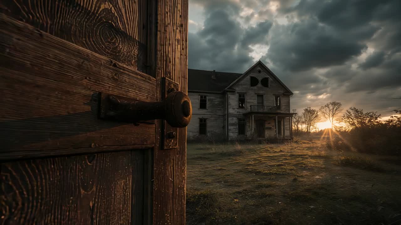 Windböe, die eine Tür auf einem Feld aufschwingen lässt und einen Türknauf und ein Bauernhaus freigibt, Platz für Text