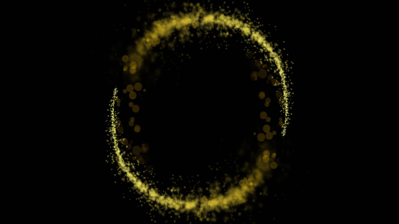 검은색 배경에 복사 공간을 가진 노란색 빛의 반이는 원의 애니메이션 시험