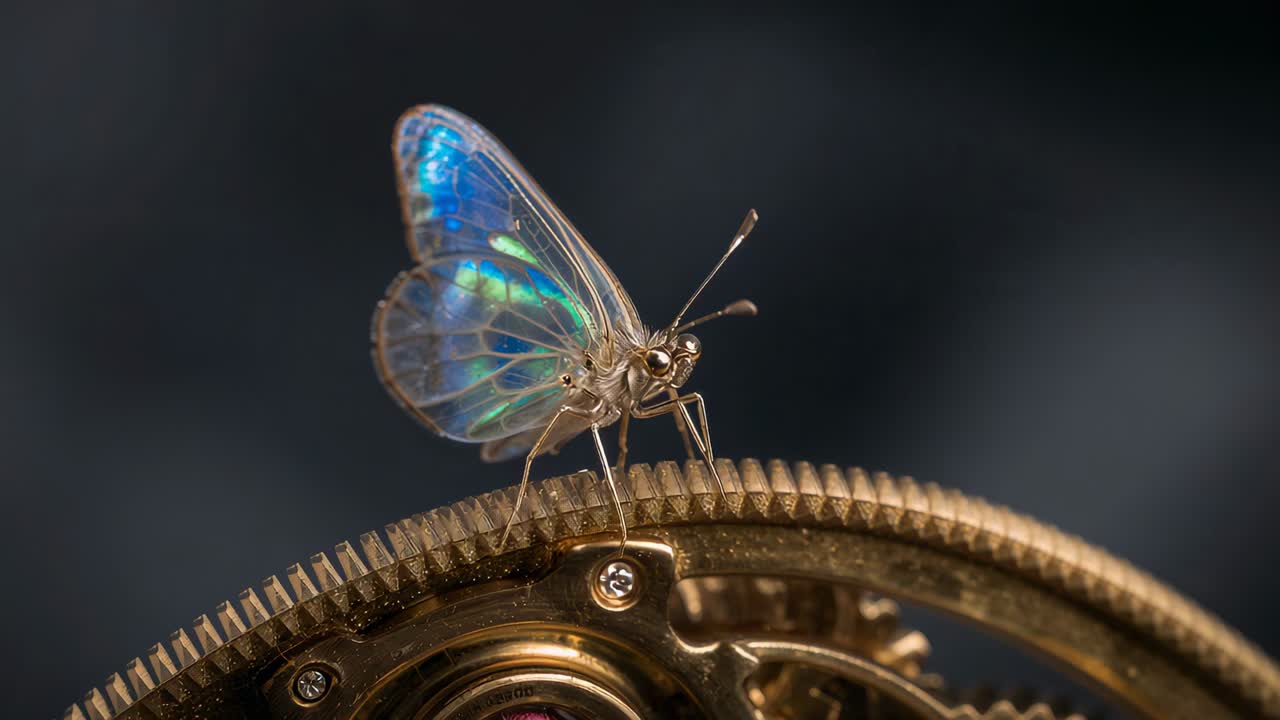 Insetto iridescente inclinato mentre le luci cambiano, con antenne che tastano e zampe che si muovono per afferrare l'ingranaggio di un orologio in ottone