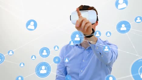 animación de la red de conexiones con personas iconos sobre hombre de negocios con auriculares vr