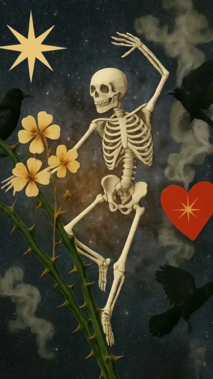 Surreal video concept: a skeleton dances among flowers and birds, set against a cosmic backdrop