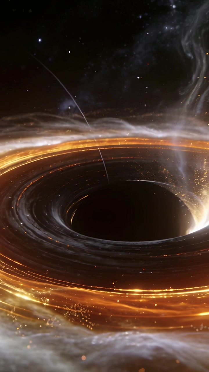 Vertical video: Orbiting camera circling central black hole, revealing gold disk feeding with plume