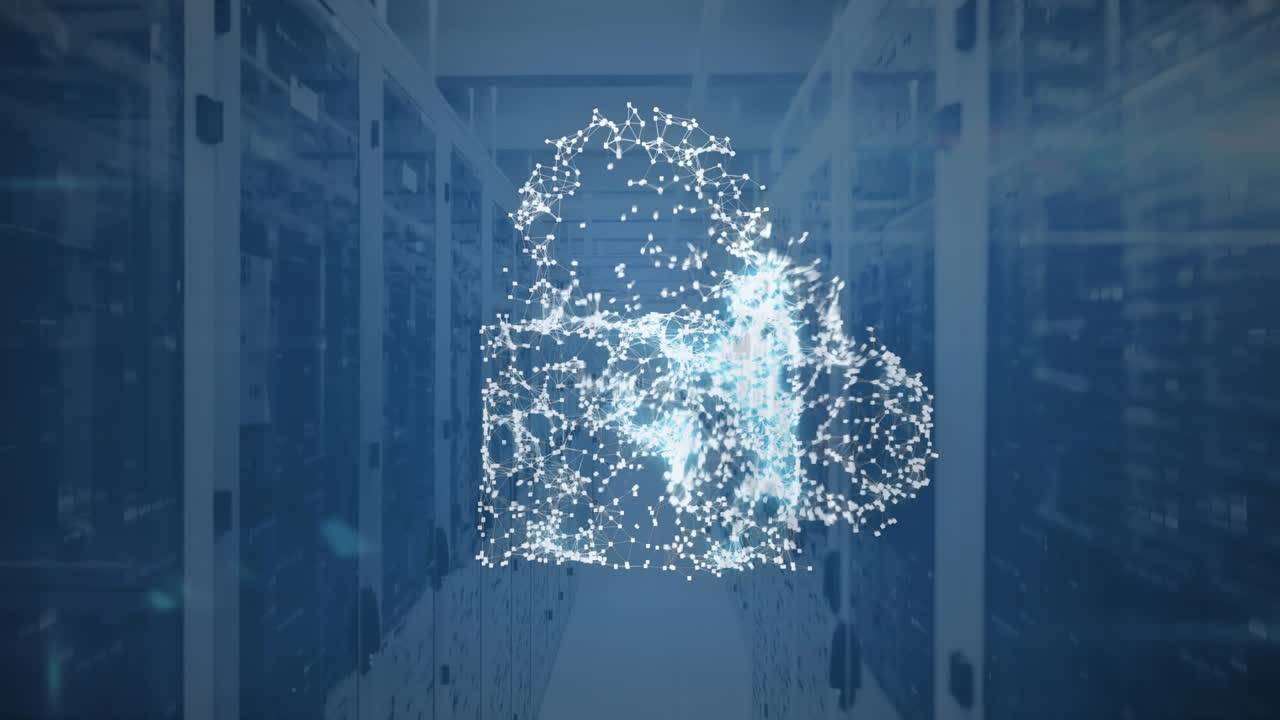 Animation of cloud, security padlock and shield icon against computer server room