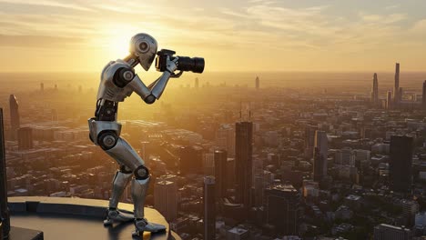 a futuristic robot photographer captures stunning cityscape at sunset, blending technology and artistic vision in a serene urban environment