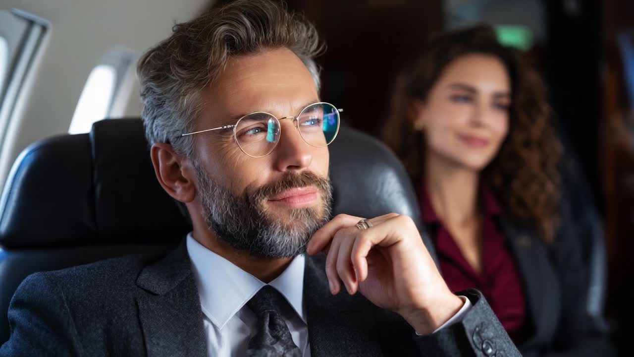 Un uomo d'affari riflessivo in cabina di prima classe, assorto in importanti riflessioni mentre un collega sorridente sullo sfondo crea un'atmosfera di connessione e contemplazione durante il viaggio aereo