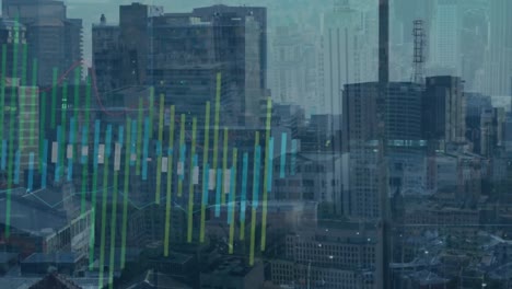 animación del procesamiento de datos frente a una vista aérea del paisaje urbano