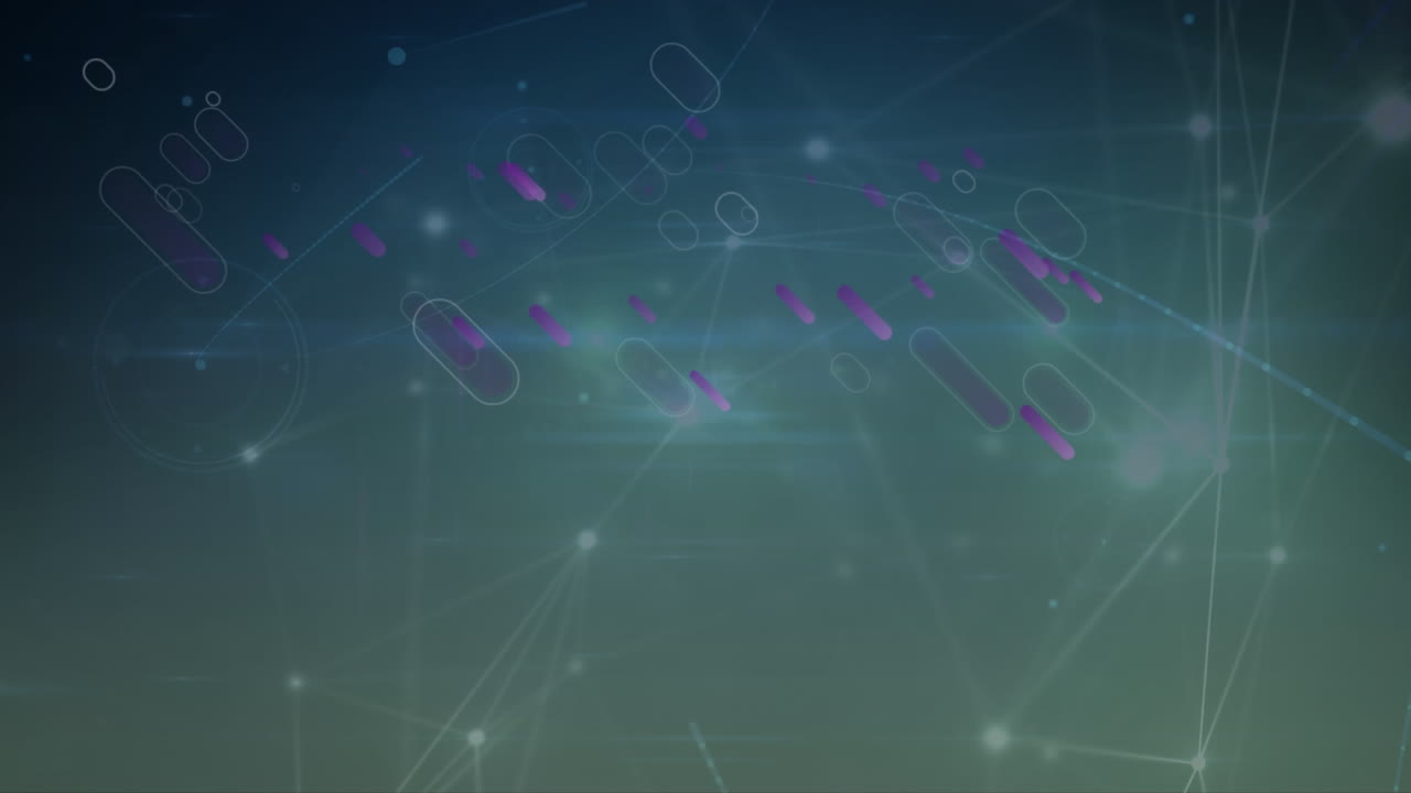 어두운 파란색 배경에 연결 네트워크를 통해 떨어지는 보라색 모양의 애니메이션