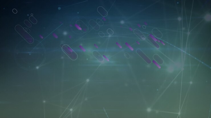Animation of falling purple shapes over network of connections on dark blue background