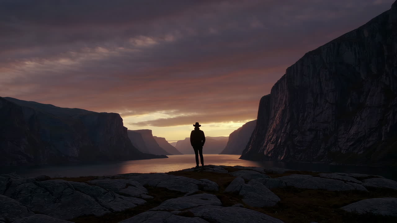 Man Standing on Rocks at Sunrise Over a Fjord