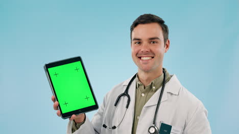 Doctor,-speaking-and-tablet-green-screen