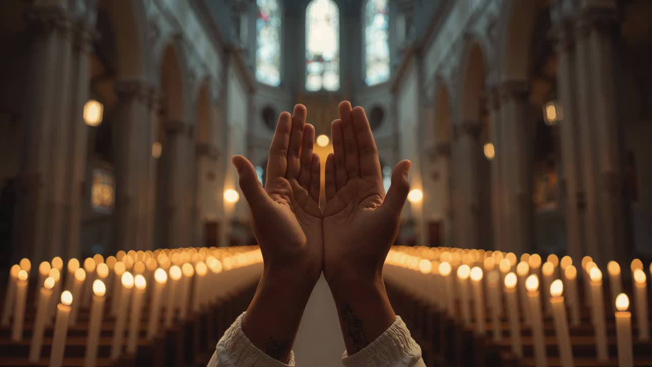 Person holding cupped hands and adjusting wrists during prayer in cathedral, white cuffs, candles