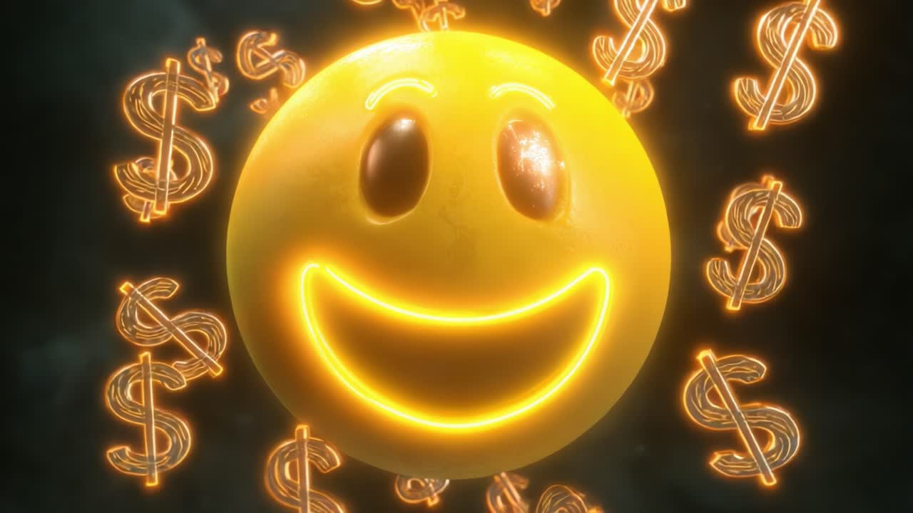 A vibrant and joyful illustration featuring a glowing yellow smiley face surrounded by shimmering dollar signs, symbolizing happiness and prosperity in a captivating environment