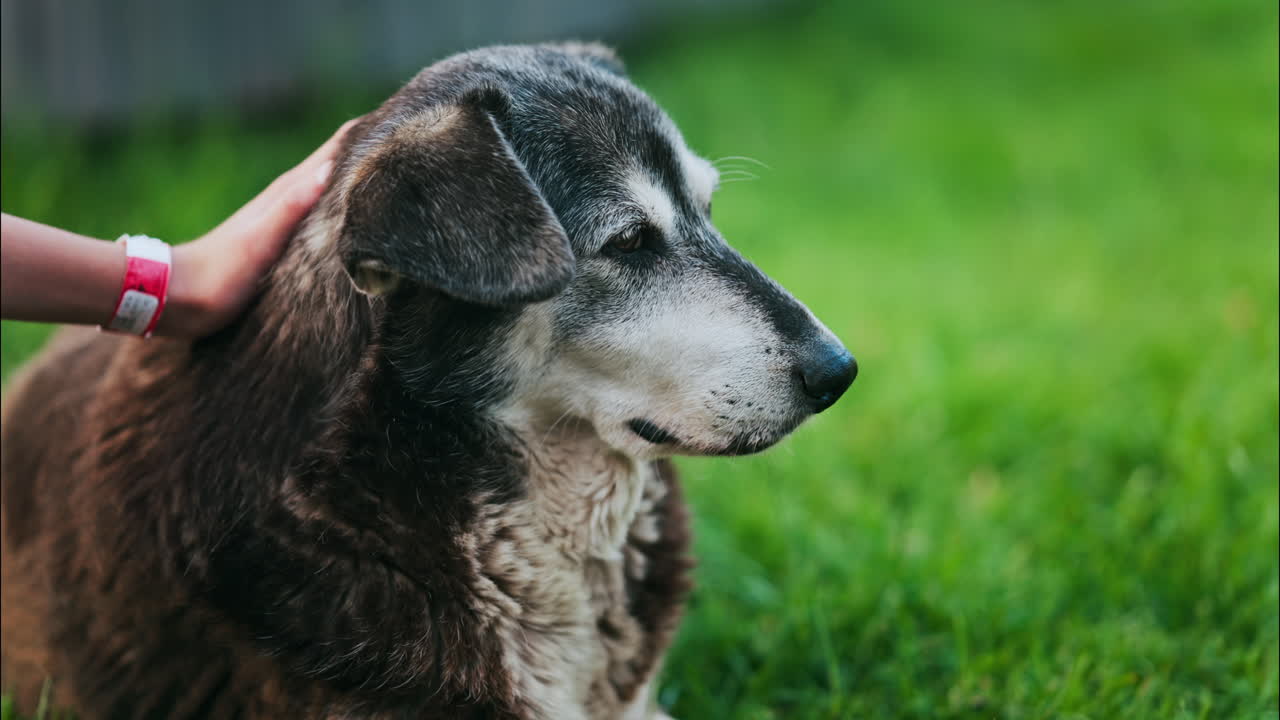 Close up of a woman's hand petting a black and brown, stray dog sitting on the grass in a park